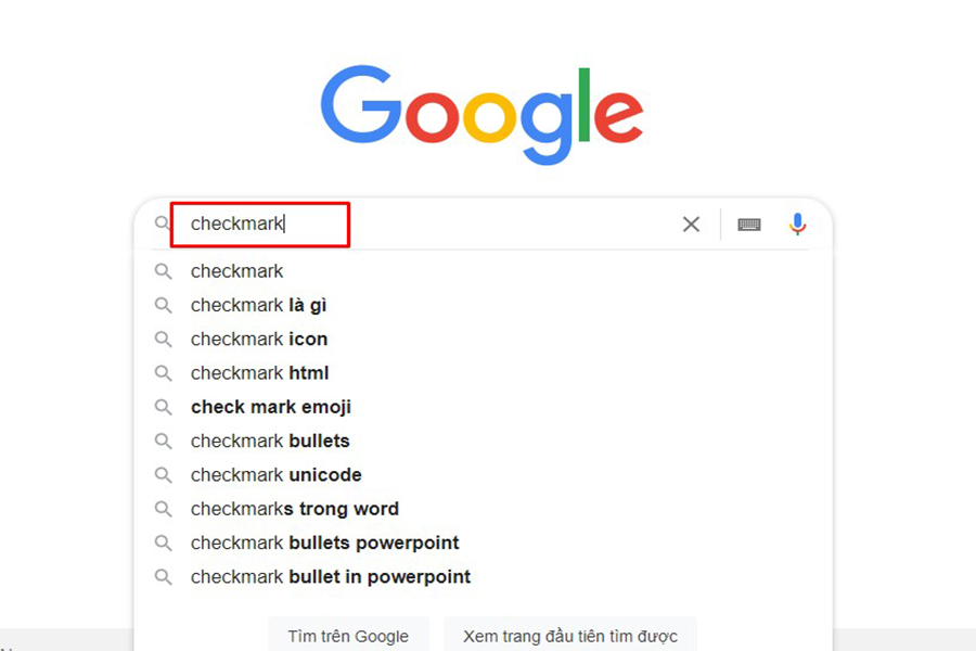 Nhập từ khóa "checkmark" trên thanh tìm kiếm của Google