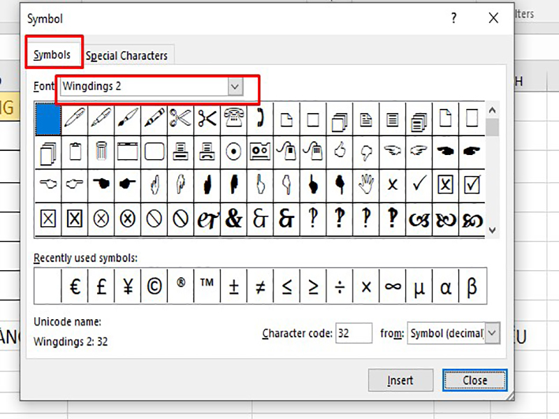 Chọn Font Wingdings 2